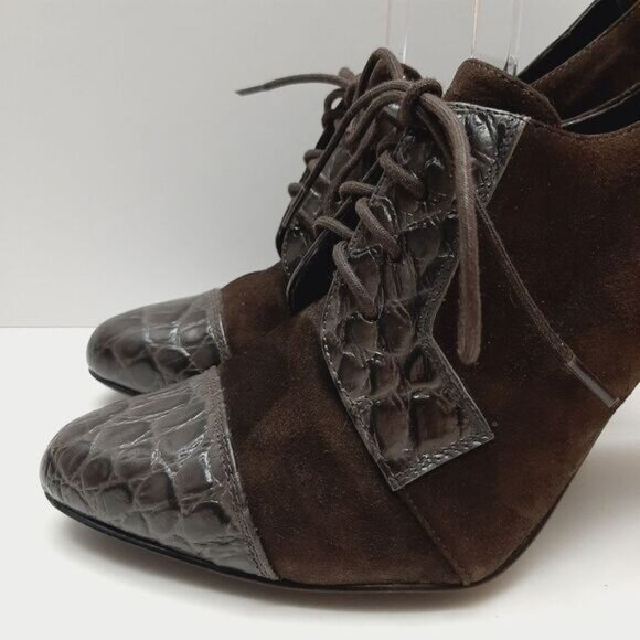 REBECCA BLUE Lace-up High Cone Heels Suede & Patent Leather Shoes Sz 7.5 Eur 38 - Picture 9 of 16